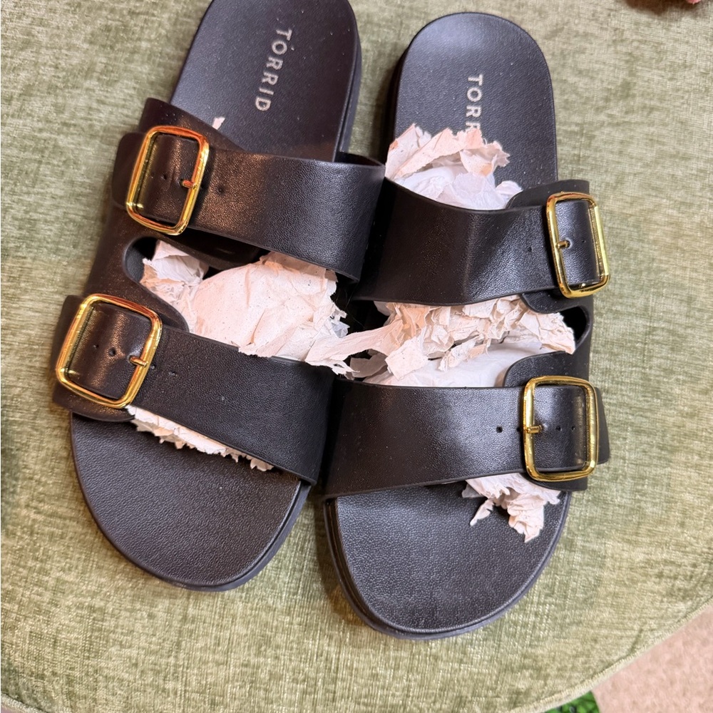 Torrid Black Slide Sandals with Gold Buckles